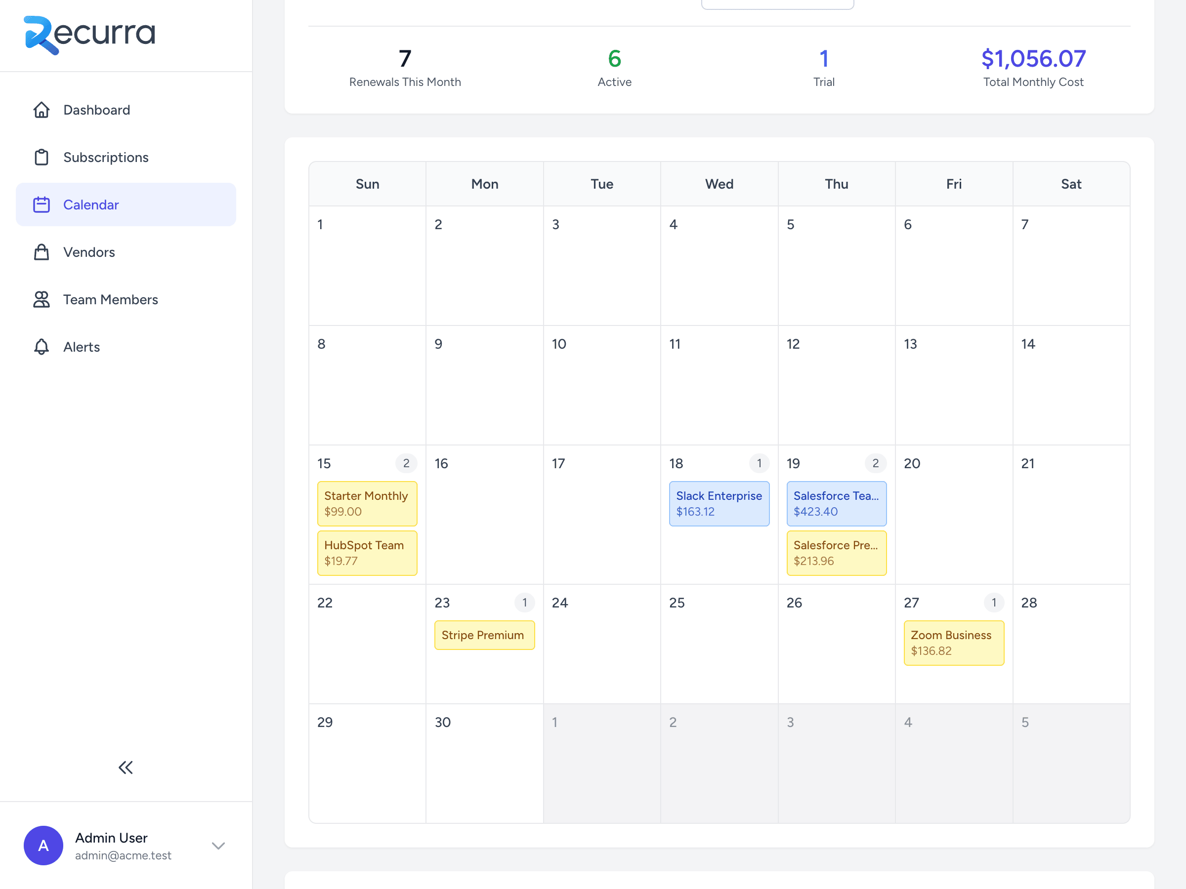 Recurra's calendar view Recurra's calendar view gives you a bird's eye view of your renewals